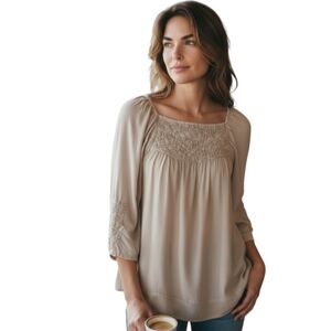 Solitaire Beige Embroidered Blouse Sz.M EUC.